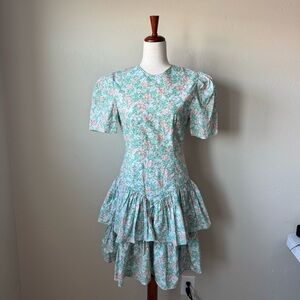 Vintage Jane Floral Print Dress Green Short Sleeve Zip Puff Small?